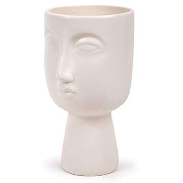 Truu Design Modern Abstract Decorative Flower & Plant Ceramic Face Vase for Home or Office, 5.25 x 9 inches, White