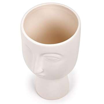 Truu Design Modern Abstract Decorative Flower & Plant Ceramic Face Vase for Home or Office, 5.25 x 9 inches, White