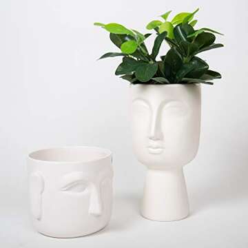 Truu Design Modern Abstract Decorative Flower & Plant Ceramic Face Vase for Home or Office, 5.25 x 9 inches, White
