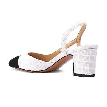 Adrizzlein Womens Slingback Pumps Closed Round Toe Two Toned Casual Office Shoes White Knit Size 8