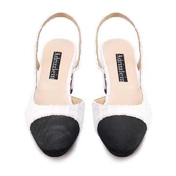 Adrizzlein Womens Slingback Pumps Closed Round Toe Two Toned Casual Office Shoes White Knit Size 8