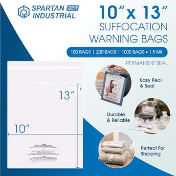 Spartan Industrial - 10” X 13” (100 Count) Self Seal Clear Poly Bags with Suffocation Warning fo...