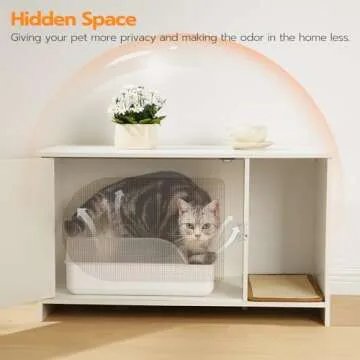 HOOBRO Cat Litter Box Enclosure with Rattan Door, Hidden Litter Box Furniture, Large Litter Box Enclosure with Adhesive Cat Scratching Mat, Coffee Table, 31.4" L x 17.7" W x 18.1" H, White WY18MW01