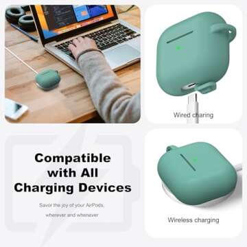 R-fun Compatible with AirPods 3 Case Cover, Silicone Protective Accessories Skin with Keychain Compatible with Apple AirPod 3rd Generation 2021 for Women Men Girls Boys,Front LED Visible,Pine Green