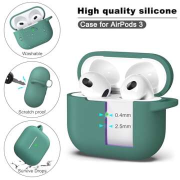 R-fun Compatible with AirPods 3 Case Cover, Silicone Protective Accessories Skin with Keychain Compatible with Apple AirPod 3rd Generation 2021 for Women Men Girls Boys,Front LED Visible,Pine Green