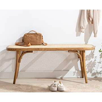 Kmax Upholstered Bench Wicker Rattan Entryway Bench Rustic Solid Wood 45 Inch for Living Room/Bedroom/Hallway