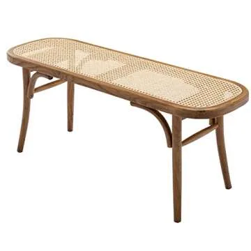 Kmax Upholstered Bench Wicker Rattan Entryway Bench Rustic Solid Wood 45 Inch for Living Room/Bedroom/Hallway