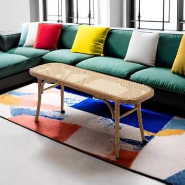 Kmax Upholstered Bench Wicker Rattan Entryway Bench Rustic Solid Wood 45 Inch for Living Room/Bedroom/Hallway