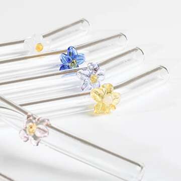 Glass Straws with Design | Colorful Shatter Resistant Bend , 8.2''x8mm 6pcs Reusable Glass Straws with Rose Flower Bent Drinking Straws with 2pcs Cleaning Brush, Green
