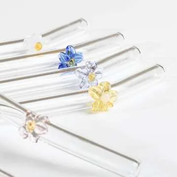 Glass Straws with Design | Colorful Shatter Resistant Bend , 8.2''x8mm 6pcs Reusable Glass Straws with Rose Flower Bent Drinking Straws with 2pcs Cleaning Brush, Green