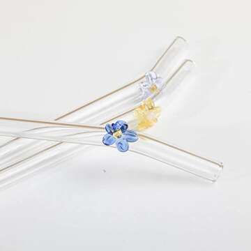 Glass Straws with Design | Colorful Shatter Resistant Bend , 8.2''x8mm 6pcs Reusable Glass Straws with Rose Flower Bent Drinking Straws with 2pcs Cleaning Brush, Green