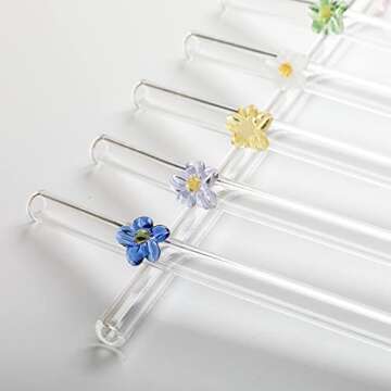 Glass Straws with Design | Colorful Shatter Resistant Bend , 8.2''x8mm 6pcs Reusable Glass Straws with Rose Flower Bent Drinking Straws with 2pcs Cleaning Brush, Green