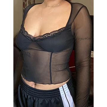 Avanova Sheer Mesh Cropped Top Elegant Lace Trim Rave Wear