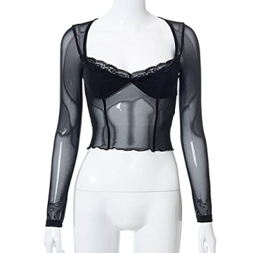 Avanova Sheer Mesh Cropped Top Elegant Lace Trim Rave Wear