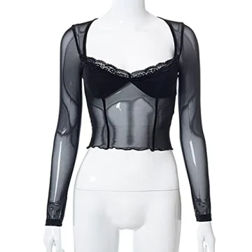 Avanova Sheer Mesh Cropped Top Elegant Lace Trim Rave Wear