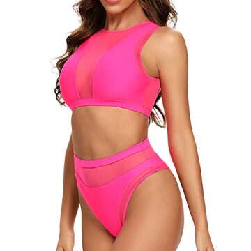 Dixperfect Women's Mesh Insert Bikini Sets Swimsuits High Neck Crop Top with High Waisted Bottoms Bathing Suit (M,Pink)