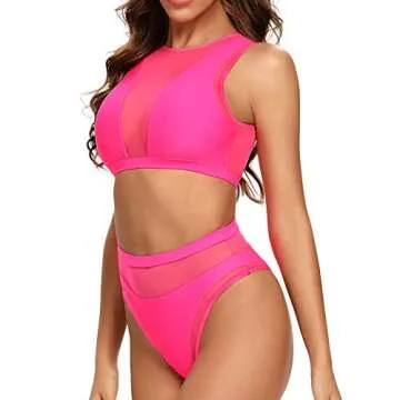 Dixperfect Women's Mesh Insert Bikini Sets Swimsuits High Neck Crop Top with High Waisted Bottoms Bathing Suit (M,Pink)