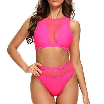 Dixperfect Women's Mesh Insert Bikini Sets Swimsuits High Neck Crop Top with High Waisted Bottoms Bathing Suit (M,Pink)