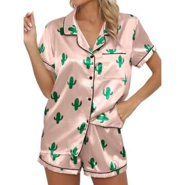 Remidoo Women's Short Sleeve Button Down Satin 2 Piece Pajama Set Sleepwear Pink X-Large