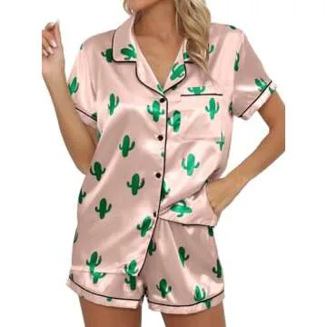Remidoo Women's Short Sleeve Button Down Satin 2 Piece Pajama Set Sleepwear Pink X-Large