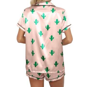 Remidoo Women's Short Sleeve Button Down Satin 2 Piece Pajama Set Sleepwear Pink X-Large