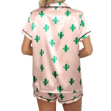 Remidoo Women's Short Sleeve Button Down Satin 2 Piece Pajama Set Sleepwear Pink X-Large