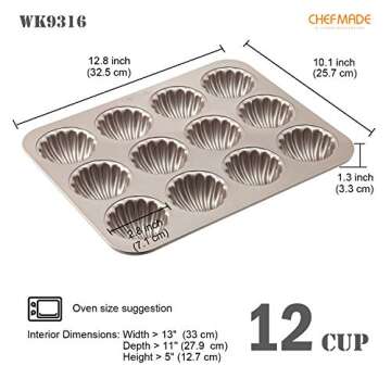 CHEFMADE Madeleine Mold Cake Pan - 12 Cavity Non-Stick Spherical Shell Bakeware (Champagne Gold)
