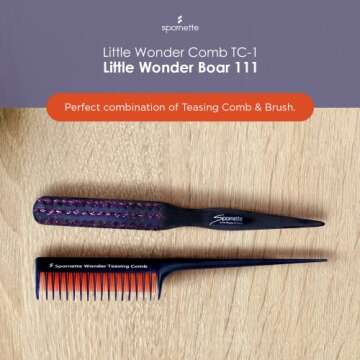 Spornette Teasing Brush & Comb Set - Little Wonder Boar & Tourmaline Nylon Bristle Brush #111, Triple Comb #TC-1 for Backcombing, Volume, and Slick Styling
