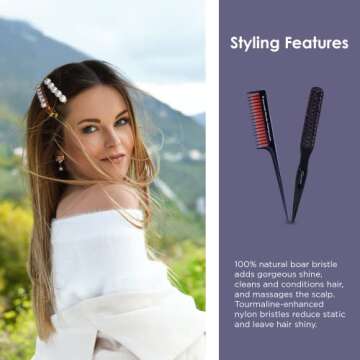 Spornette Teasing Brush & Comb Set - Little Wonder Boar & Tourmaline Nylon Bristle Brush #111, Triple Comb #TC-1 for Backcombing, Volume, and Slick Styling
