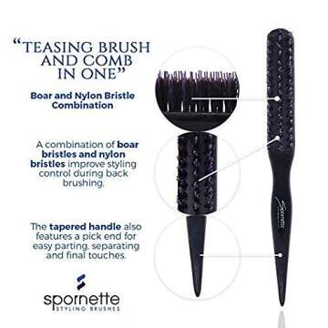 Spornette Teasing Brush & Comb Set - Little Wonder Boar & Tourmaline Nylon Bristle Brush #111, Triple Comb #TC-1 for Backcombing, Volume, and Slick Styling