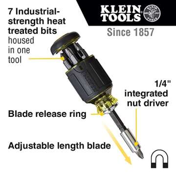 Klein Tools 32308 Multi-bit Stubby Screwdriver, Impact Rated 8-in-1 Adjustable Magnetic Tool with Ph...