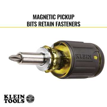 Klein Tools 32308 Multi-bit Stubby Screwdriver, Impact Rated 8-in-1 Adjustable Magnetic Tool with Phillips, Slotted, Square and Nut Driver
