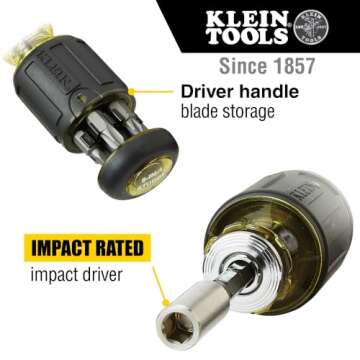 Klein Tools 32308 Multi-bit Stubby Screwdriver, Impact Rated 8-in-1 Adjustable Magnetic Tool with Phillips, Slotted, Square and Nut Driver