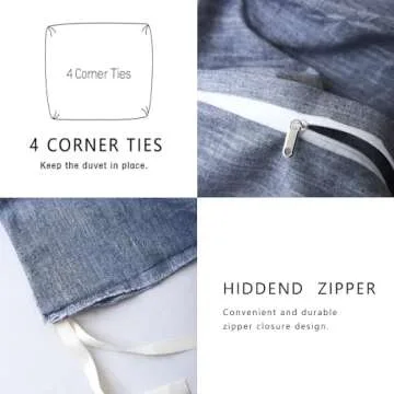 BFS HOME Stonewashed Cotton/Linen Duvet Cover King, 3-Piece Comforter Cover Set, Breathable and Skin-Friendly Bedding Set (Navy, King)