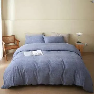 BFS HOME Stonewashed Cotton/Linen Duvet Cover King, 3-Piece Comforter Cover Set, Breathable and Skin-Friendly Bedding Set (Navy, King)