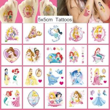 20 Sheets Princess Temporary Tattoos for Kids, Disney Princess Birthday Party Favors, Cute Cartoon P...