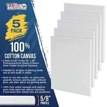 U.S. Art Supply 16 x 20 inch Stretched Canvas Super Value 5-Pack - Triple Primed Professional Artist...