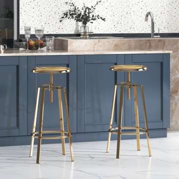 Brage Living Atlas Industrial Bar Stools Set of 2, Adjustable Swivel Four Legged Round Metal Barstoo...