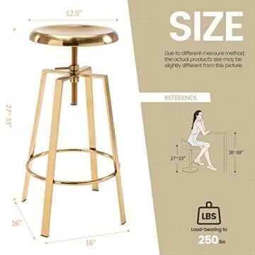 Brage Living Atlas Industrial Bar Stools Set of 2, Adjustable Swivel Four Legged Round Metal Barstools, Backless Counter Height Bar Chairs for Kitchen Dining (Gold)