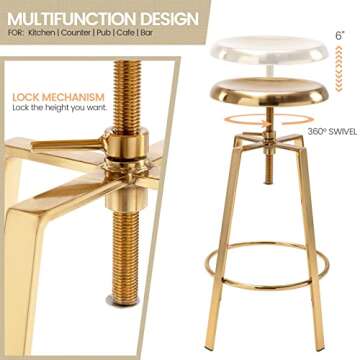 Brage Living Atlas Industrial Bar Stools Set of 2, Adjustable Swivel Four Legged Round Metal Barstools, Backless Counter Height Bar Chairs for Kitchen Dining (Gold)