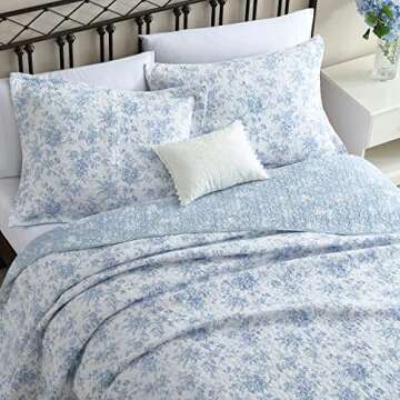 Laura Ashley Home - King Quilt Set, Reversible Floral Cotton Bedding with Matching Shams, Home Decor for All Seasons (Walled Garden Blue, King)