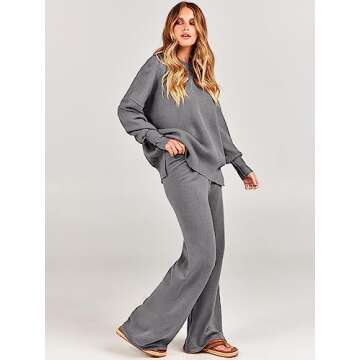 ANRABESS Women 2 Piece Outfits Oversized Chunky Knit Sweater Top Wide Leg Pants 2024 Fall Lounge Set Trendy Cozy Clothes Grey Large