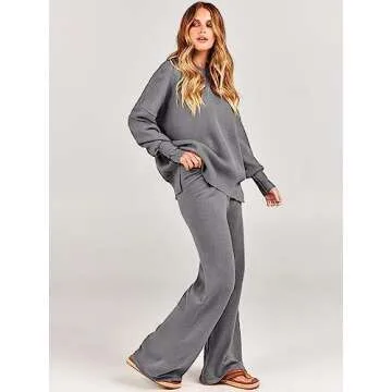 ANRABESS Women 2 Piece Outfits Oversized Chunky Knit Sweater Top Wide Leg Pants 2024 Fall Lounge Set Trendy Cozy Clothes Grey Large