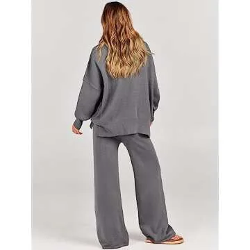 ANRABESS Women 2 Piece Outfits Oversized Chunky Knit Sweater Top Wide Leg Pants 2024 Fall Lounge Set Trendy Cozy Clothes Grey Large
