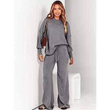 ANRABESS Women 2 Piece Outfits Oversized Chunky Knit Sweater Top Wide Leg Pants 2024 Fall Lounge Set Trendy Cozy Clothes Grey Large