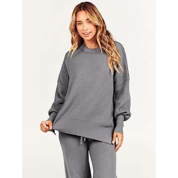 ANRABESS Women 2 Piece Outfits Oversized Chunky Knit Sweater Top Wide Leg Pants 2024 Fall Lounge Set Trendy Cozy Clothes Grey Large