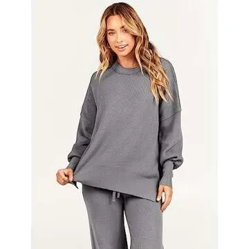 ANRABESS Women 2 Piece Outfits Oversized Chunky Knit Sweater Top Wide Leg Pants 2024 Fall Lounge Set Trendy Cozy Clothes Grey Large