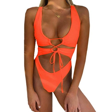 CHYRII Orange Women's Sexy Cutout Lace Up Backless High Cut One Piece Swimsuit Monokini S