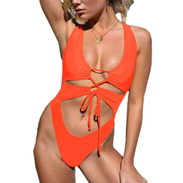 CHYRII Orange Women's Sexy Cutout Lace Up Backless High Cut One Piece Swimsuit Monokini S