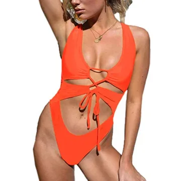 CHYRII Orange Women's Sexy Cutout Lace Up Backless High Cut One Piece Swimsuit Monokini S